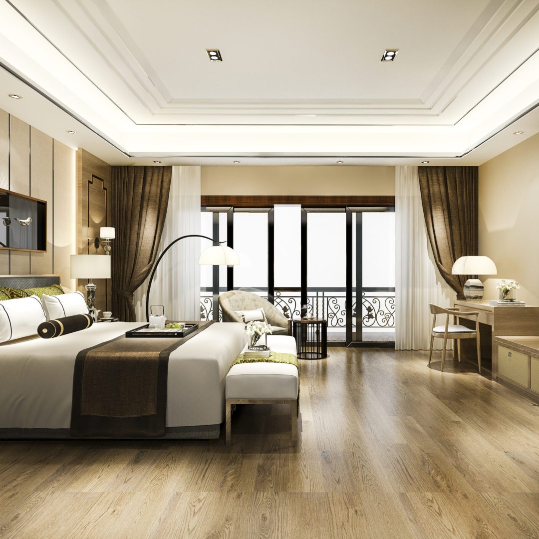 3d rendering luxury bedroom suite in resort high rise hotel with working table